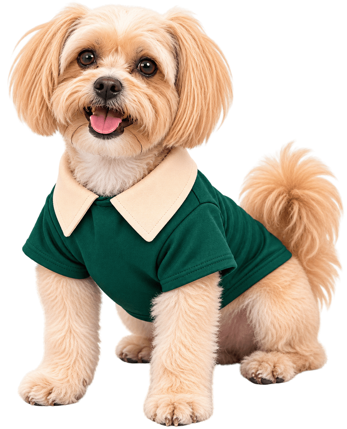 Perrito sonriente con polo verde