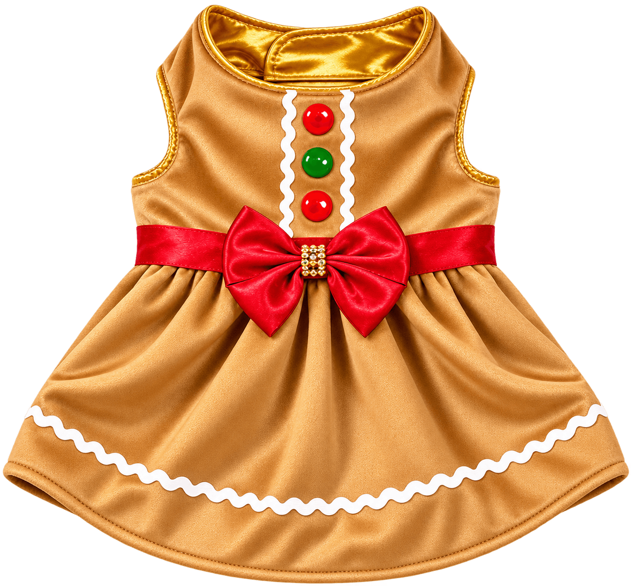 Vestido Dorado con Moño Rojo para Mascotas